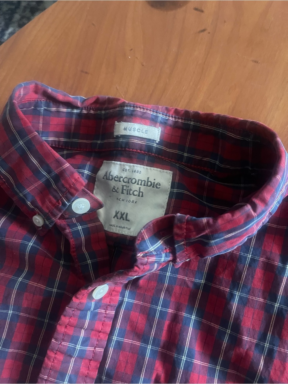 Abercrombie & Fitch Red and Navy Plaid Button-Down Shirt
